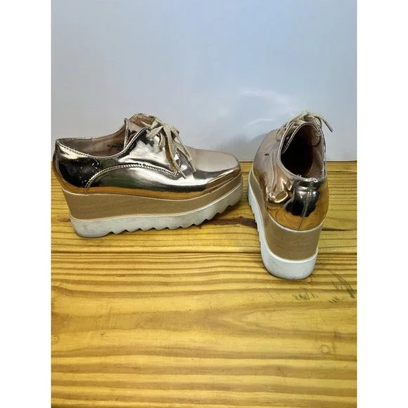 Metallic Rose Gold Platform Oxford Shoes Size 7.5 Lug Sole Chunky Lace-Up - Picture 6 of 8